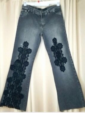 Women's Gray Flare Jeans with Black Lace Appliqué